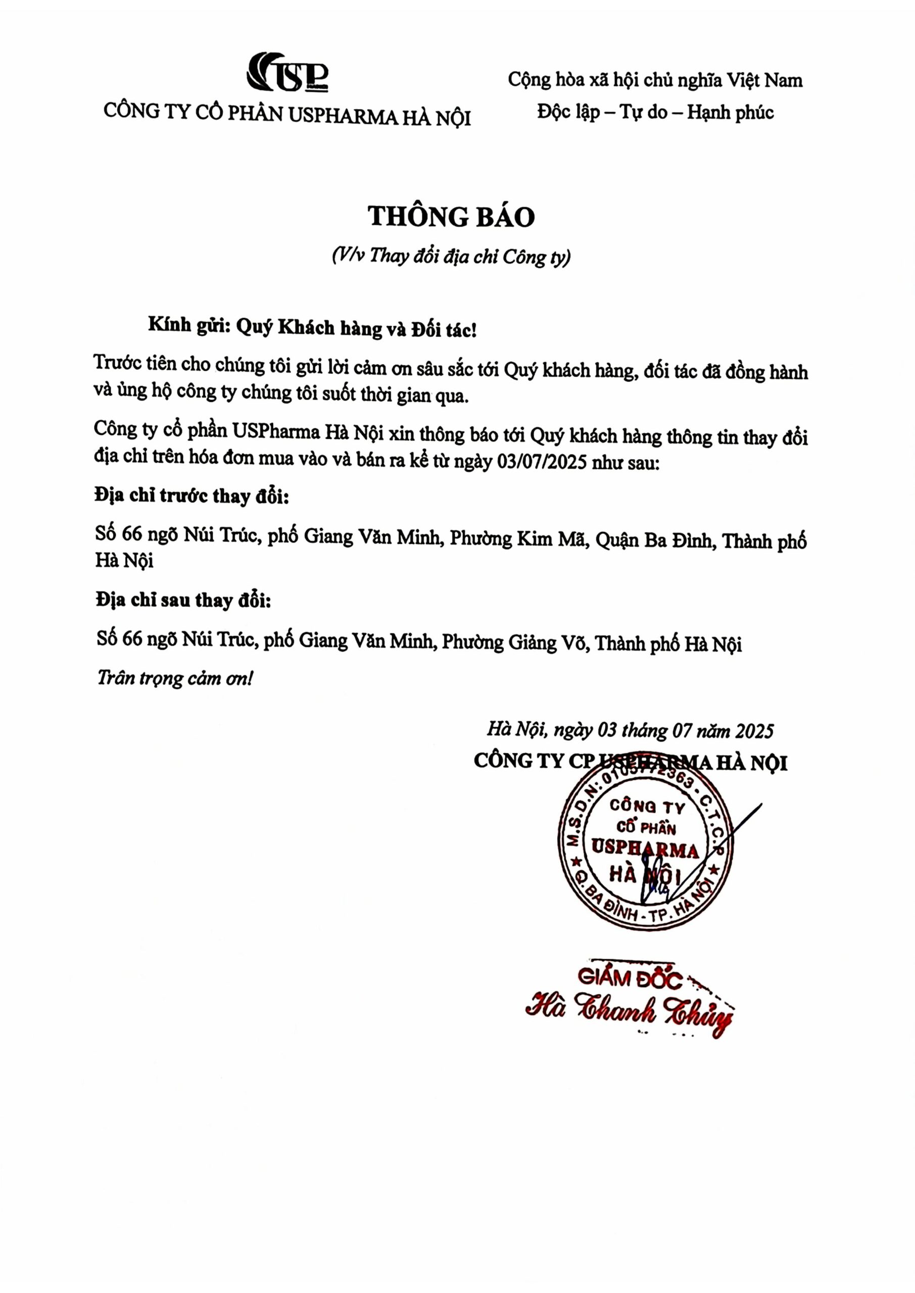 Thông báo thay đổi địa chỉ Công ty